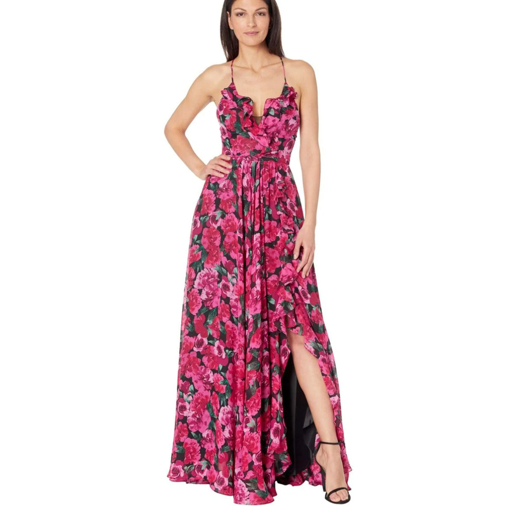 Betsy & Adam Pink Floral Chiffon Fit Flare Corset Back Formal Gown Size 4